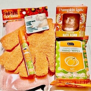 Pumpkin Self-Care Spa Bundle Bath Scrub Gloves Hand Wipes Sanitizer Shimmer Balm